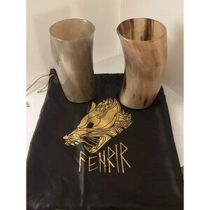 Viking Drinking Horn Cups Pair Fenrir Wolf Bag Norse Mead Beer Handmade Cup Set.